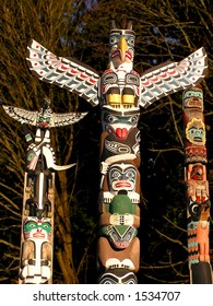 North American Indian painted totem poles in Vancouver