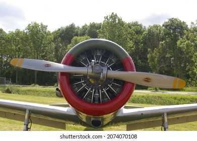 North American NA-64, Front view old american radial engine propeller warbird  aircraft, Oostwold airfield, Airshow, The netherlands, august 2019