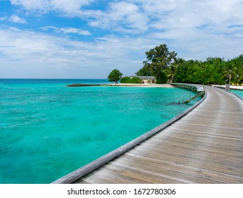 North Malé Atoll, Maldives - December 29 2019 - An Enticing Wooden Pier In The Maldives