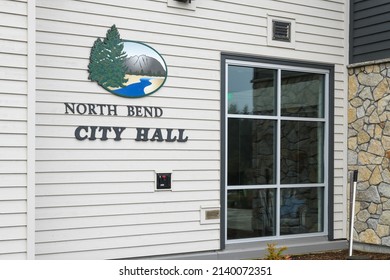 North Bend, WA, USA - March 27, 2022; City Hall Sign And Logo In The Cascade Foothill Community Of North Bend In Washington State