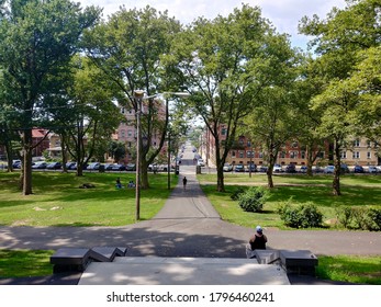 North Bergen, NJ - July 25 2020: View Of A Walking Path At James J. Braddock North Hudson Park