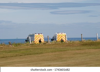 North Berwick/East Lothian, Scotland - May 28 2020: Ambulance First Aid Emergency Responder At Seaside Beach Emergency On Call Out NHS Paramedic