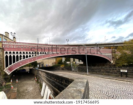 North Bridge, the Victorian iron and stone bridge, opened in 1871 in, Halifax, Yorkshire, UK