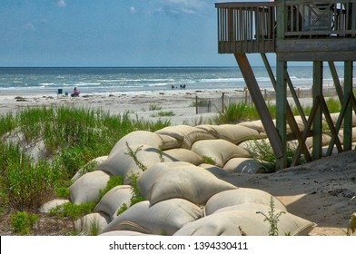 North Carolina Beach Hurricane Awareness. Coastal Landscape. Sandbags Hurricane Preparation. Hurricane Season.