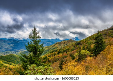 North Carolina Blue Ridge Mountains Blue Ridge Parkway Scenic Autumn Landscape With Dramatic Sky Over Fall Foliage