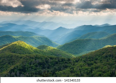 North Carolina Great Smoky Mountain Scenic Landscape with Light Rays and Spring Greens