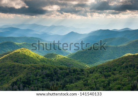 North Carolina Great Smoky Mountain Scenic Landscape with Light Rays and Spring Greens