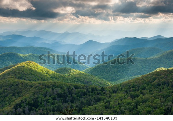 North Carolina Great Smoky Mountain Scenic\
Landscape with Light Rays and Spring\
Greens