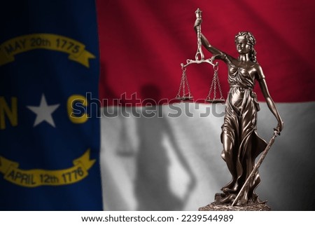 North Carolina US state flag with statue of lady justice and judicial scales in dark room. Concept of judgement and punishment, background for jury topics