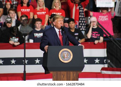 North Charleston, SC - February 28, 2020 President Donald Trump Address The Crowd At His Rally Held At The North Charleston Coliseum.  