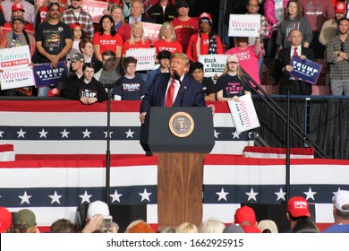 North Charleston, SC - February 28, 2020 President Trump Addresses The Crowd At The North Charleston Coliseum During His Rally. 