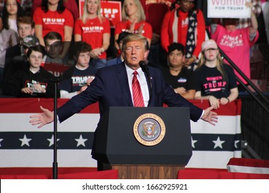 North Charleston, SC - February 28, 2020 President Trump Addresses The Crowd At The North Charleston Coliseum During His Rally. 