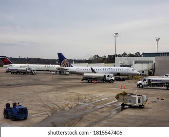 North CharlestoN, Sc / Usa - December 17th 2019: Aircrafts At North Charleston Airport Preparing To Take Off Before Pandemic