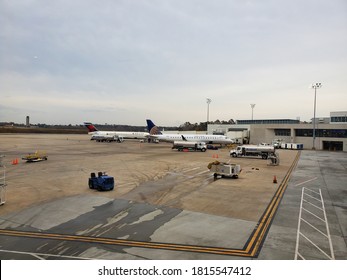 North CharlestoN, Sc / Usa - December 17th 2019: Aircrafts At North Charleston Airport Preparing To Take Off Before Pandemic