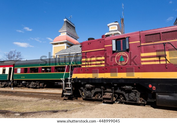 NORTH CONWAY, NEW\
HAMPSHIRE - APRIL 13 - Classic locomotives and railroad cars at the\
Conway Scenic Railway, a heritage railroad in New Hampshire, on 13\
April, 2016. 