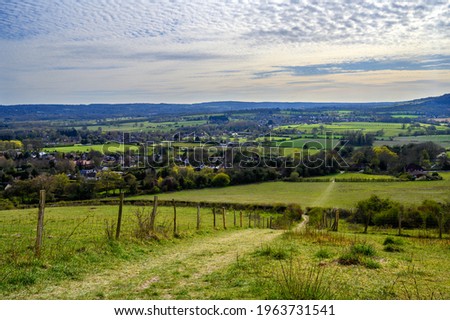 North Downs near Otford in Kent, UK. Scenic view of farmland and a view over the village of Otford. Otford is located on the North Downs Way and is a good base for exploring the countryside.