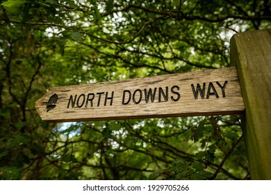North Downs Way signpost, a walking route across the Surrey Hills countryside in south east England - UK