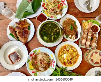 North Eastern Thai Food Feast With Somtum And Other Local Dishes