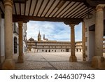 North entrance to the monumental Plaza Mayor of Tembleque de Toledo, Castilla la Mancha, Spain, with its wooden balconies