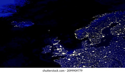 North European continent electric lights map at night. City lights. Map of Great Britain Germany Sweden Norway Finland Denmark. Satellite View. Mixed media