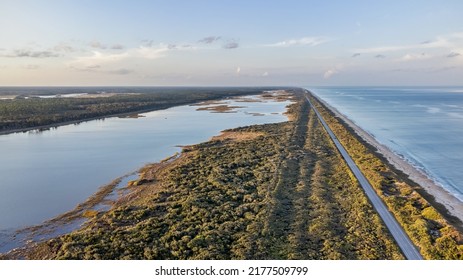 North facing aerial drone view of Northeast Florida beach coastline, the A1A and the Guana River over the Guana Tolomato Matanzas National Estuarine Research Reserve GTM Research Reserve - Shutterstock ID 2177509799