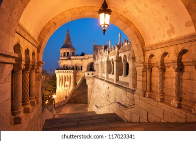 The North Gate Of The Fisherman's Bastion In Budapest - Hungary At Night