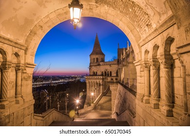 North Gate Of Fisherman's Bastion In Budapest, Hungary Illuminated At Dawn