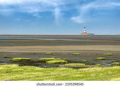 North German West Coast Landscape At Low Tide With Westerhever Lighthouse In Background - 4618