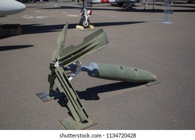 North Highlands, CA - July 14, 2018: McClellan Airforce Base Aerospace Museum Of California. World War II Era Bomb On Tarmac.