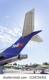 North Highlands, CA - July 14, 2018: FedEx Airplane Tail On Tarmac At McClellan Airforce Base Aerospace Museum Of California. 