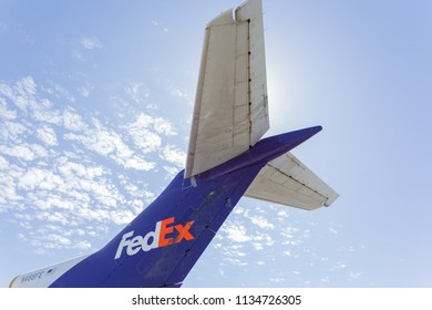 North Highlands, CA - July 14, 2018: FedEx Airplane Tail On Tarmac At McClellan Airforce Base Aerospace Museum Of California. 