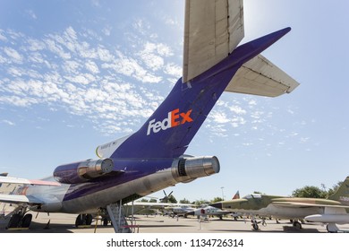 North Highlands, CA - July 14, 2018: FedEx Airplane Tail On Tarmac At McClellan Airforce Base Aerospace Museum Of California. 