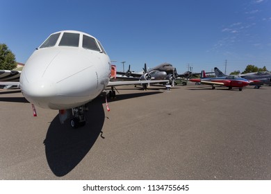 North Highlands, CA - July 14, 2018: McClellan Airforce Base Aerospace Museum Of California. Front Of US Air Force Jet On Tarmac. 