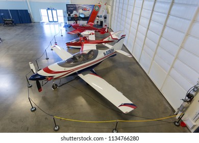 North Highlands, CA - July 14, 2018: Mcclellan Airforce Base Aerospace Museum Of California. Modern Small Aircraft On Display Inside The Main Indoor Hanger. 