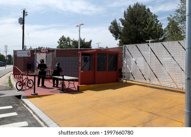 North Hollywood, CA USA - May 28, 2021:  Security Guards  At The Chandler Tiny Home Village For Homeless People