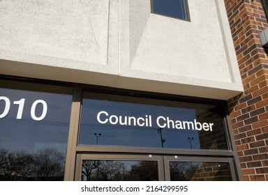 North Kansas City, Missouri, USA - April 16, 2022: Sign Above City Hall Building Entrance For Council Chamber