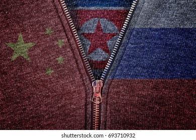 North Korea, China And Russia Flag On Clothes,