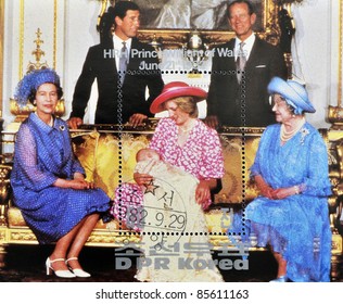 NORTH KOREA - CIRCA 1982: A Stamp Printed In DPR Korea Shows British Royal Family With Princess Diana Of Wales After The Birth Of Prince William, Circa 1982