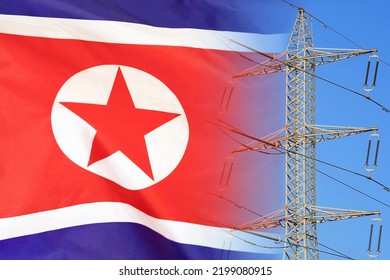 North Korea flag on electric pole background. Power shortage and increased energy consumption in North Korea. Energy development and energy crisis in North Korea - Powered by Shutterstock