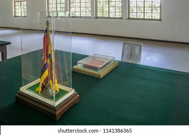 The North Korea Peace Museum, The Armistice Agreement With The UN Flag In A Display Case, Panmunjom, North Korea - May 21, 2018