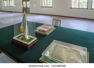 The North Korea Peace Museum, The Armistice Agreement With The UN Flag In A Display Case, Panmunjom, North Korea - May 21, 2018