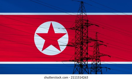 North Korean flag with electric tower and lines. Energy supply in North Korea. High electricity and energy market prices.  - Powered by Shutterstock