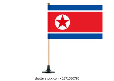 North Korean Flag On Wood Pole White Background