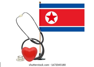 North Korean Flag On Wood Pole White Background