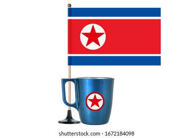 North Korean Flag On Wood Pole White Background