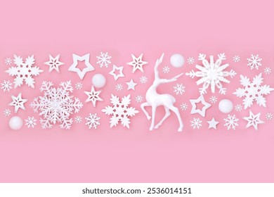 North pole Christmas Eve white reindeer snowflake star bulb fantasy banner on pink background. Magical enchanting bauble decoration pattern for holiday season.  - Powered by Shutterstock