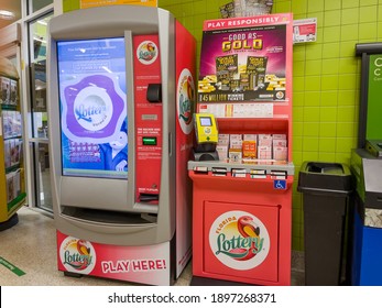 NORTH PORT FLORIDA - JANUARY 18, 2021 : Florida Lottery Ticket Vending Machine. Lotto Players Choose From A Selection Of Instant Scratch Off Tickets Or Select Numbers For Chance To Win Millions.