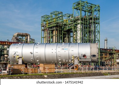 North Rhine-Westphalia, Germany - May 29 2012: A pressure vessel, to be used as chemical reactor in a petrochemical plant, waiting for installation. Manufactured by Ellimetal NV designed by Sulzer AG.