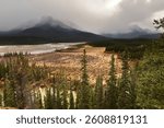 North Saskatchewan river flowing SE past the misty Mt.Amery Massif and Mt.Erasmus peak NE1, seen westward from Howse Pass Viewpoint-Icefields Parkway-Saskatchewan River Crossing. Banff NP-AB-Canada.