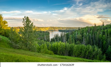 North Saskatchewan River Valley At Sunset Time Near The Fort Edmonton Footbridge, Alberta